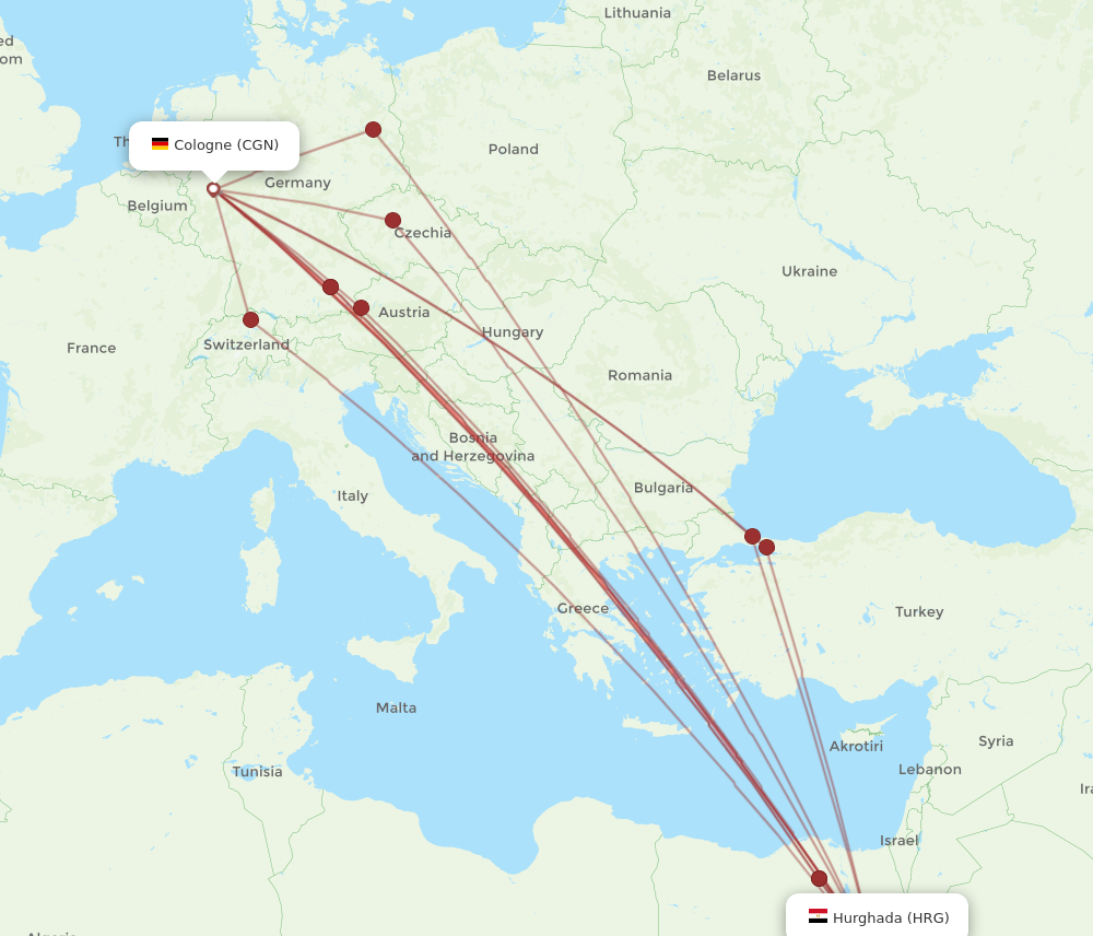 HRG to CGN flights and routes map