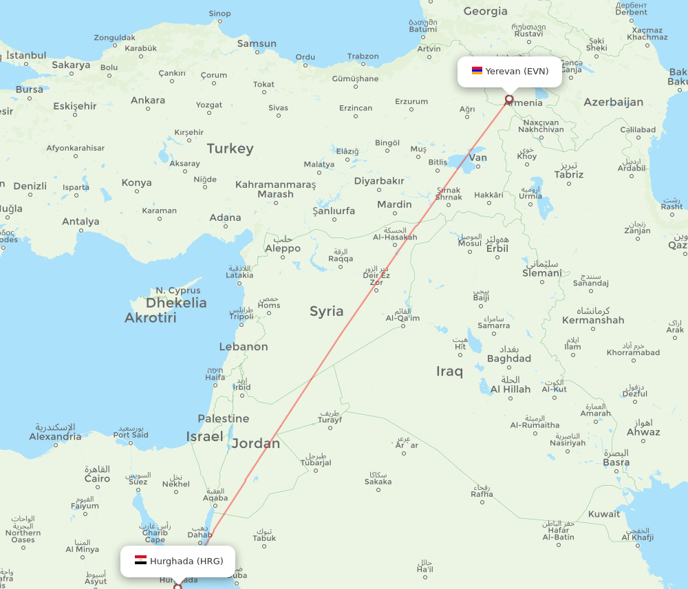 Hurghada - Yerevan route map and flight paths