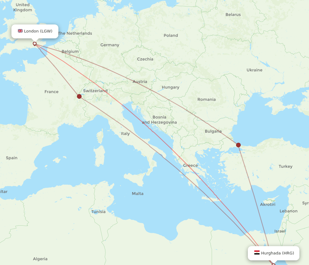 HRG-LGW flight routes