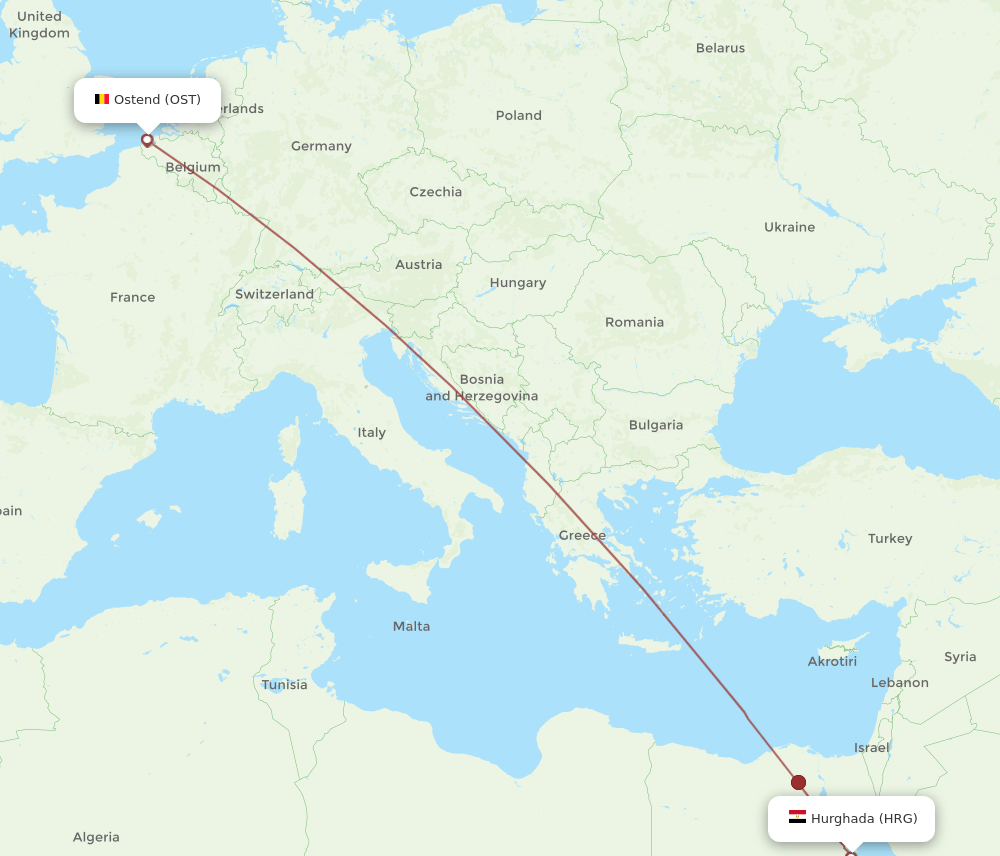 Ostend - Hurghada route map and flight paths