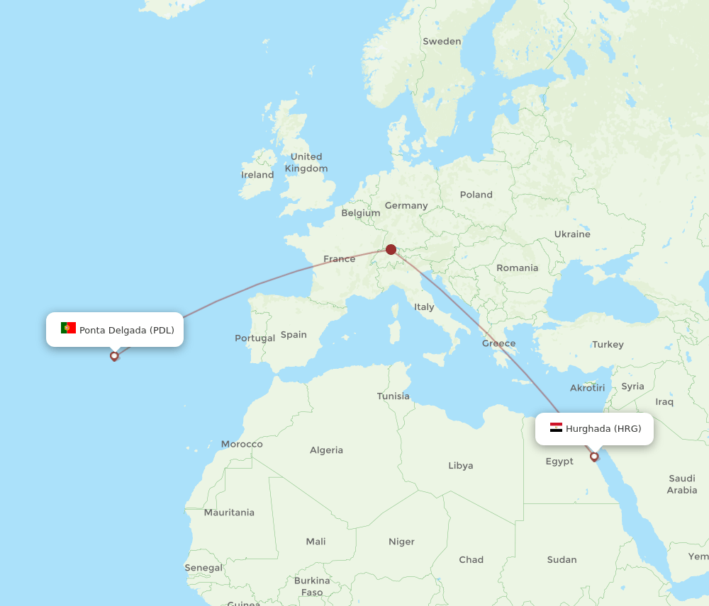 Ponta Delgada (Azores) - Hurghada route map and flight paths