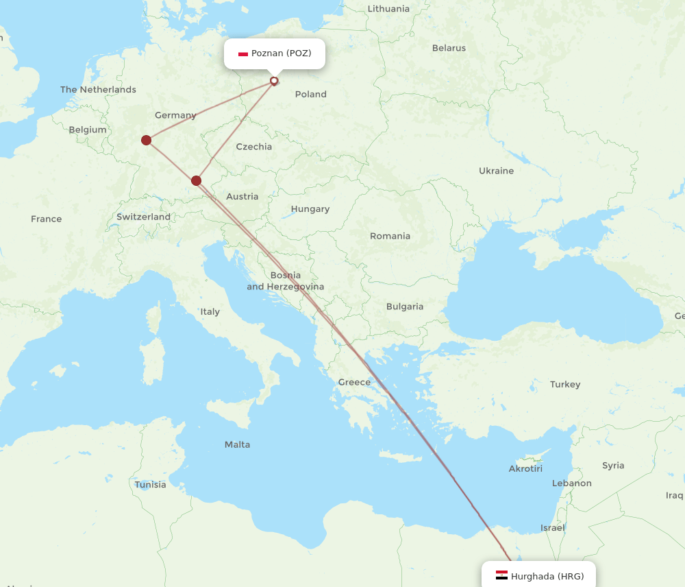 HRG to POZ flights and routes map