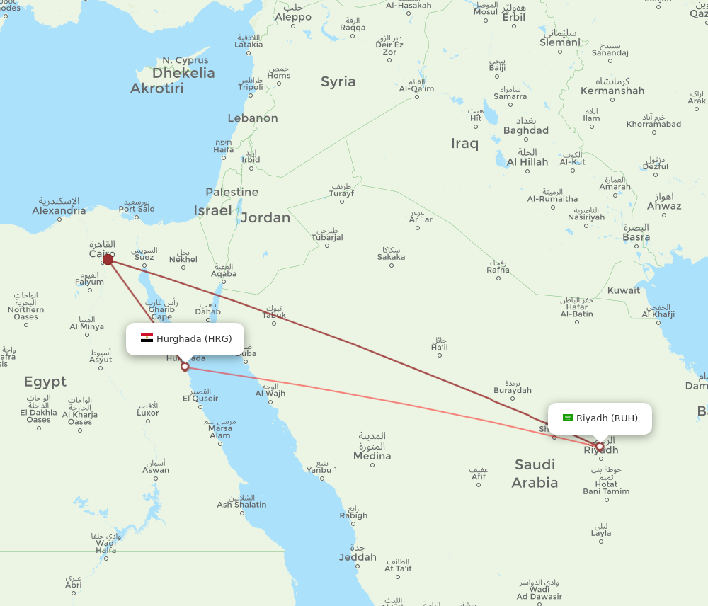 HRG to RUH flights and routes map
