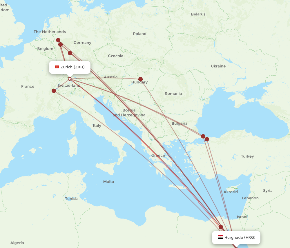 HRG to ZRH flights and routes map