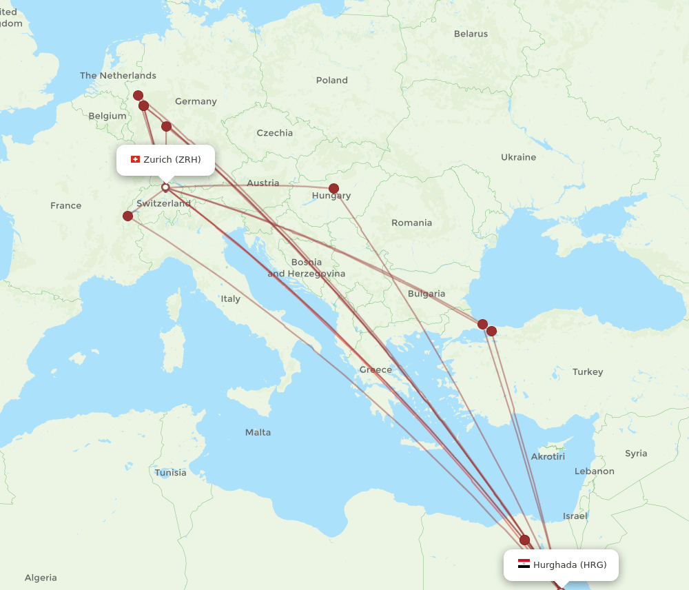 HRG to ZRH flights and routes map