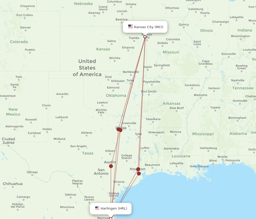 HRL-MCI flight routes