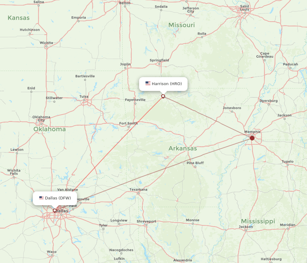 HRO to DFW flights and routes map