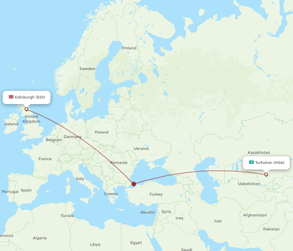 Edinburgh - Turkistan route map and flight paths
