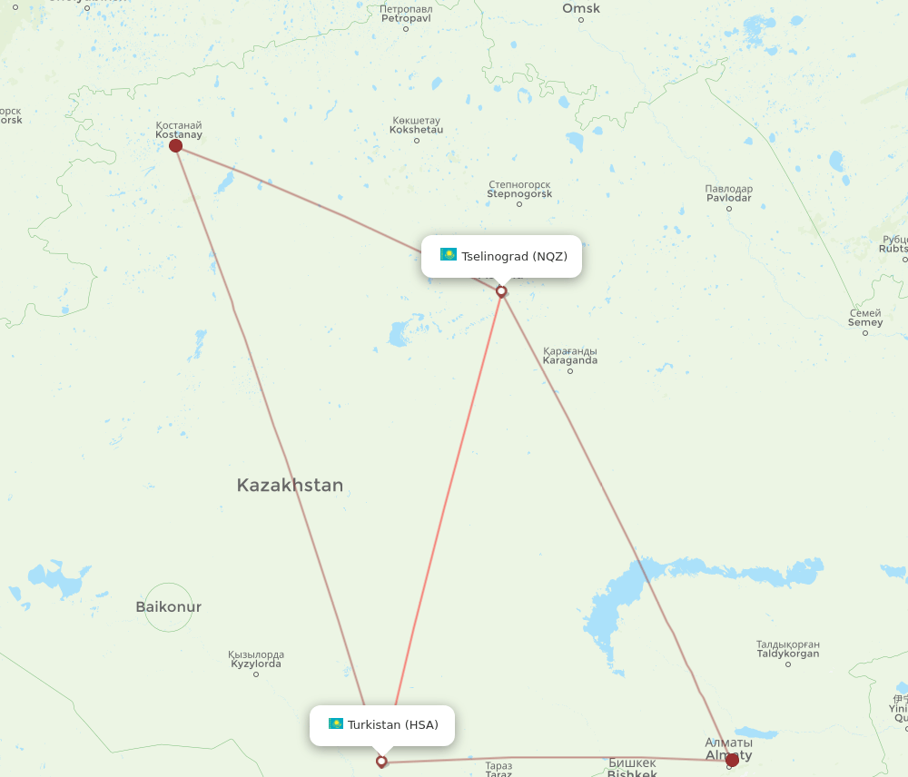 HSA to NQZ flights and routes map