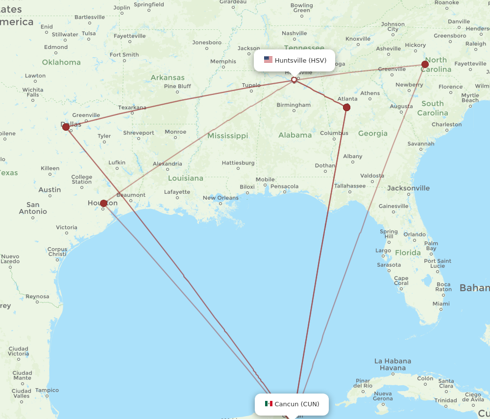 HSV to CUN flights and routes map