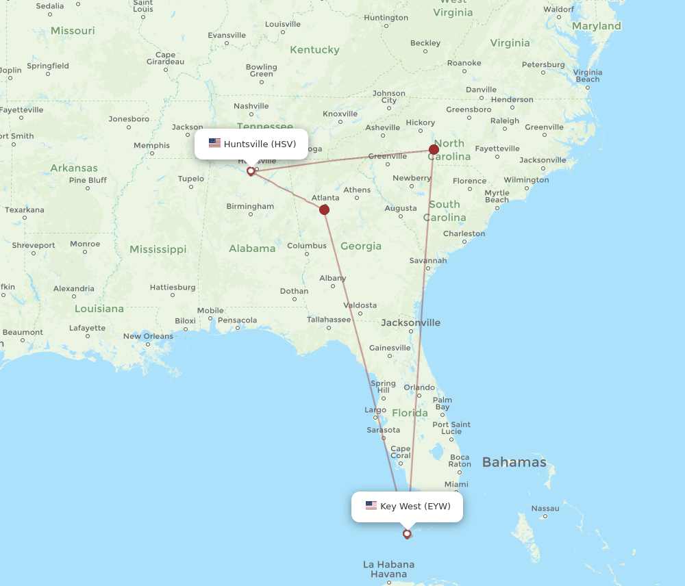 HSV to EYW flights and routes map