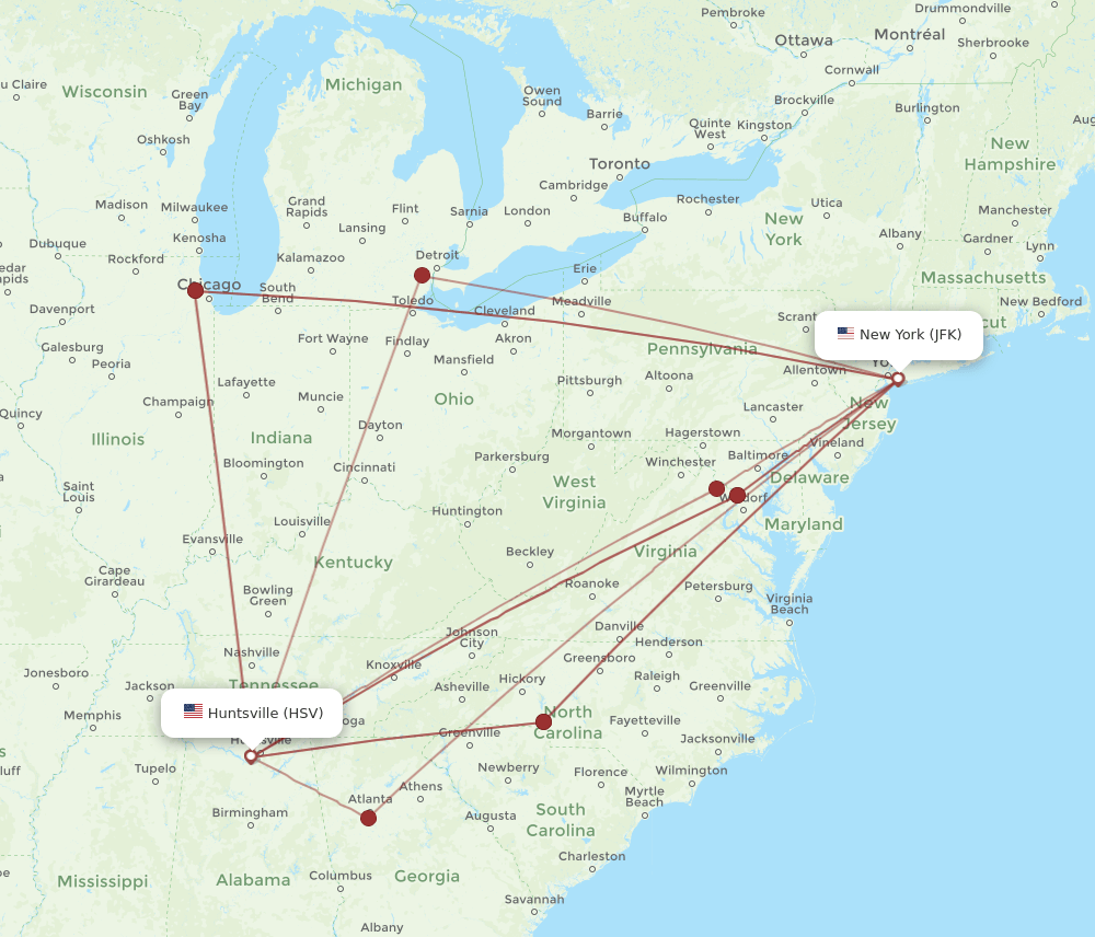 HSV-JFK flight routes