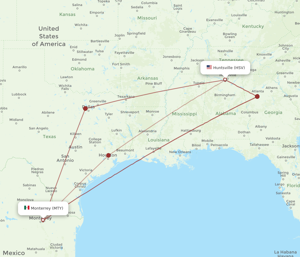 HSV to MTY flights and routes map