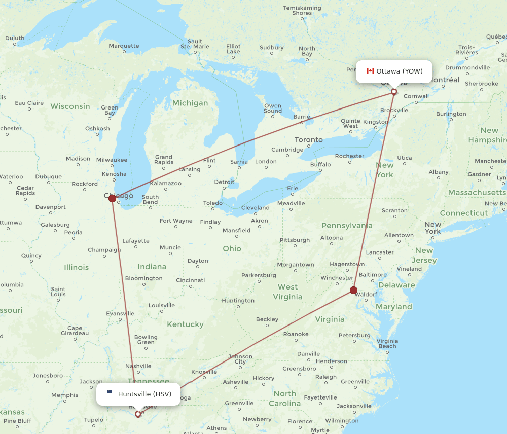 HSV to YOW flights and routes map