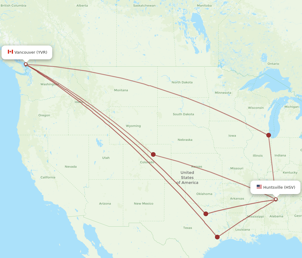 YVR to HSV flights and routes map