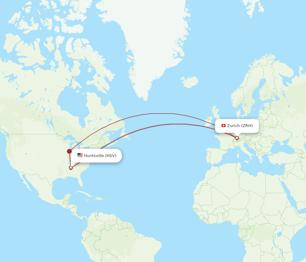 Zurich - Huntsville route map and flight paths