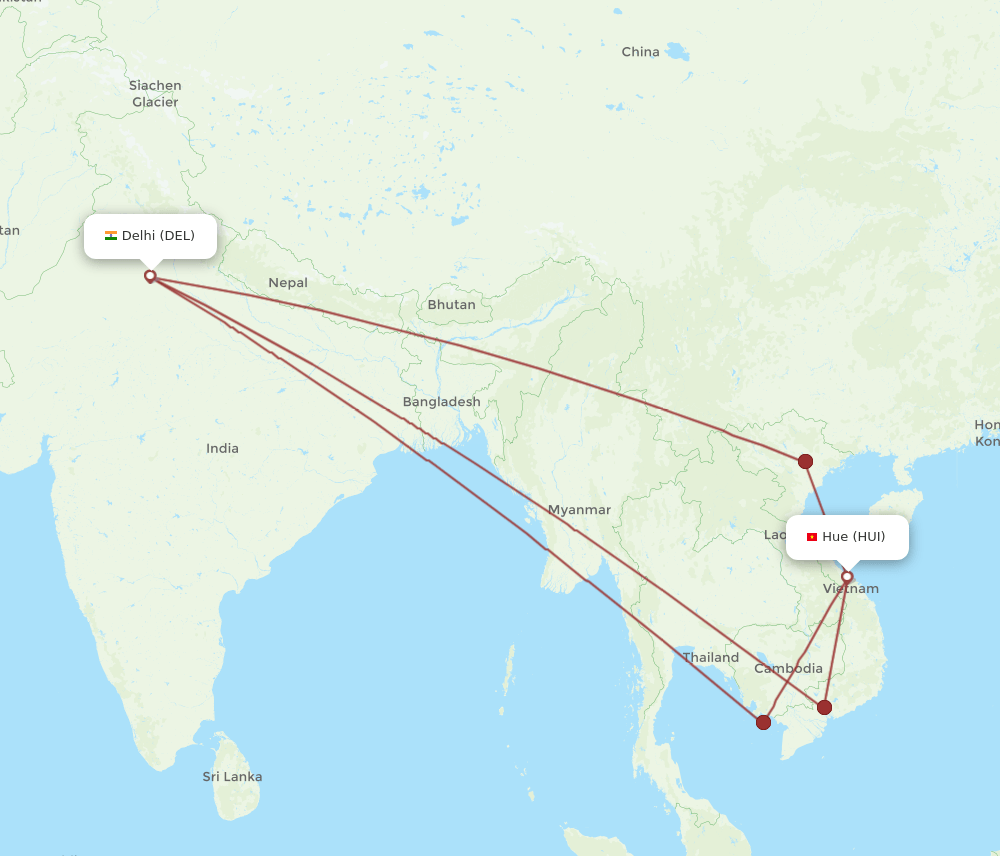 HUI-DEL flight routes
