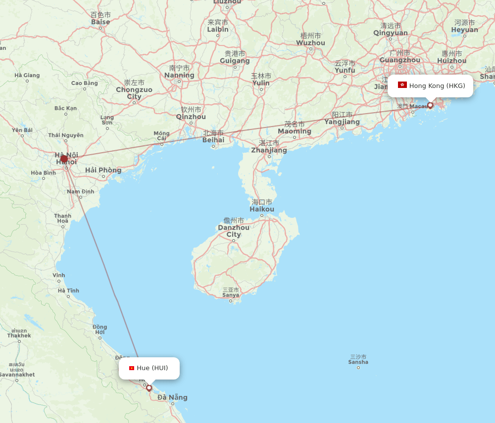 Hong Kong - Hue route map and flight paths