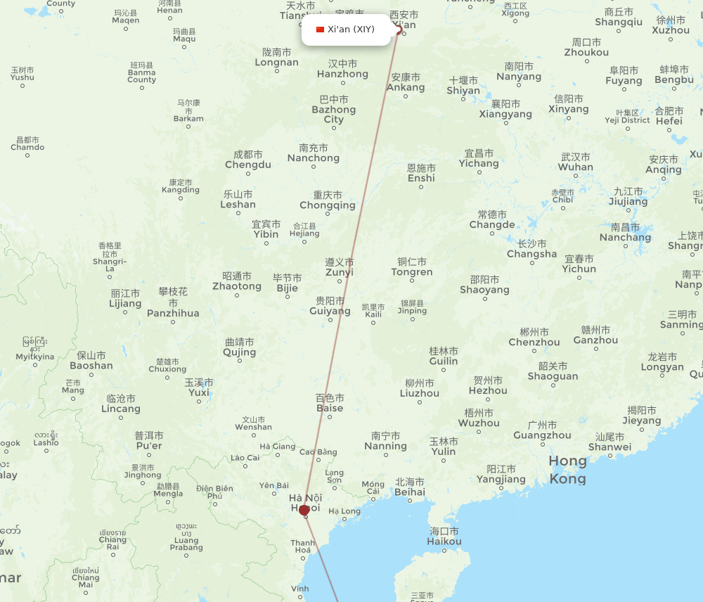 Hue - Xian route map and flight paths