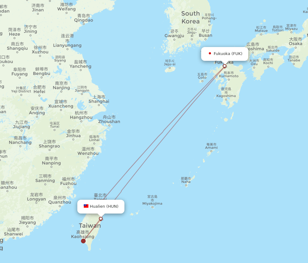 Fukuoka - Hualien route map and flight paths