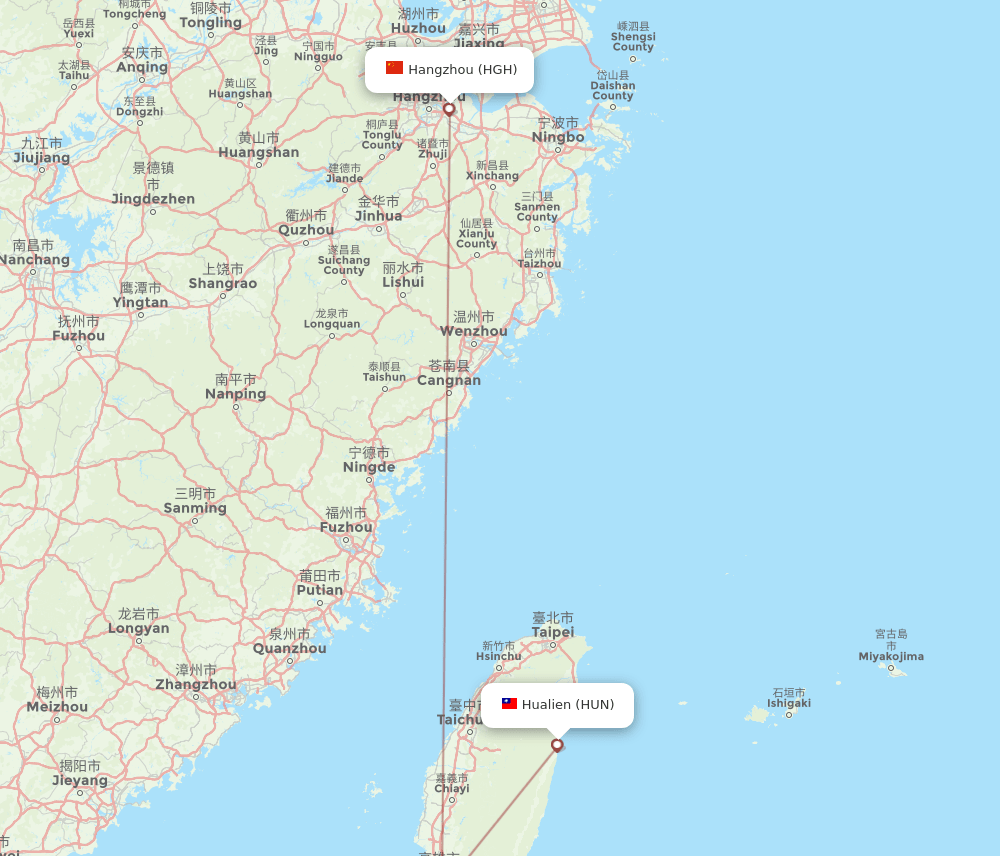 Hangzhou - Hualien route map and flight paths
