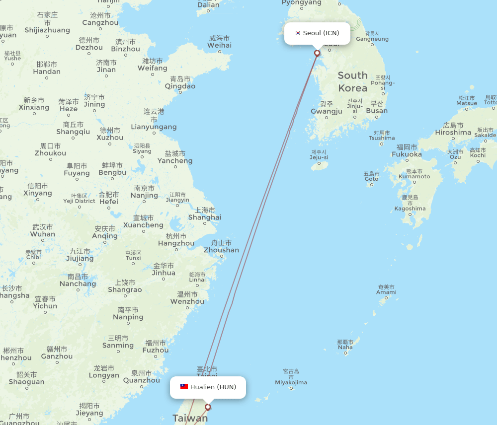 HUN-ICN flight routes