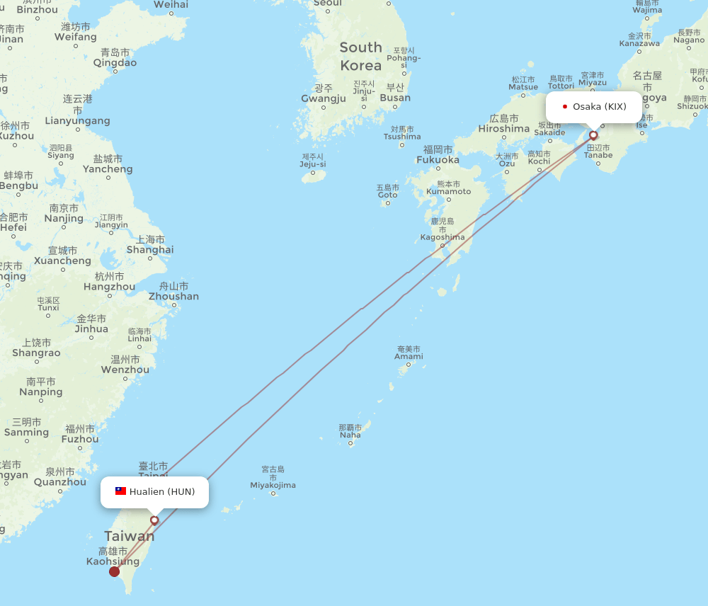 HUN to KIX flights and routes map