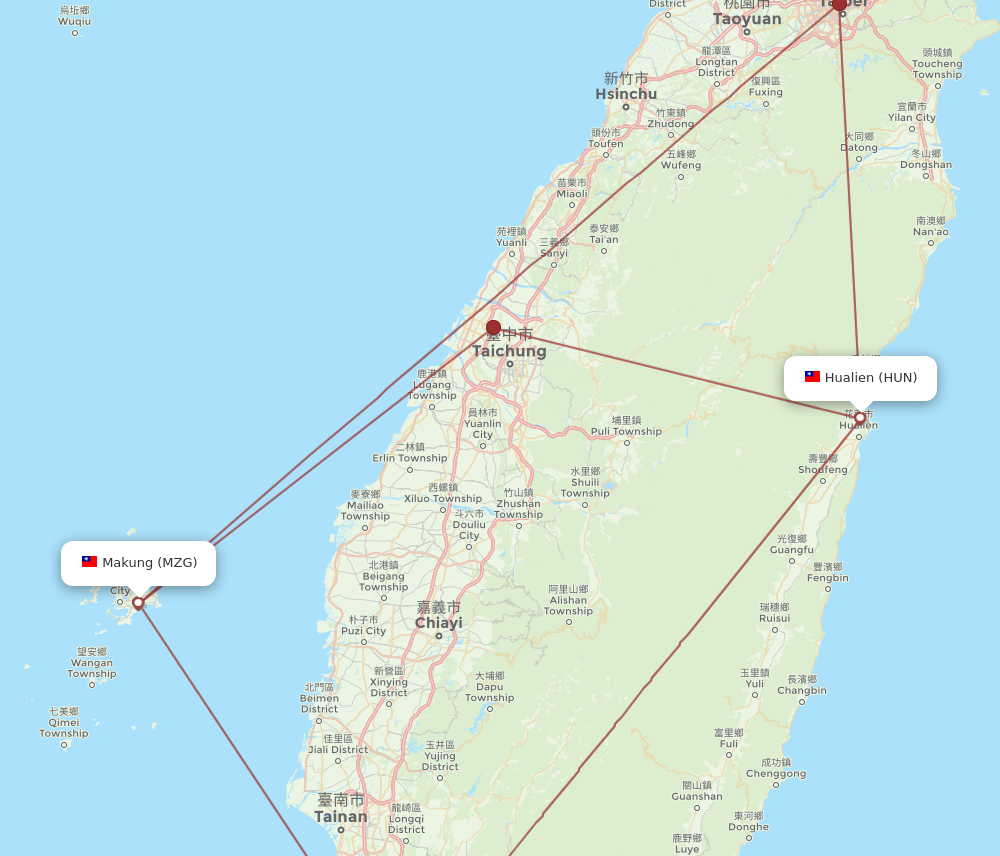 HUN to MZG flights and routes map