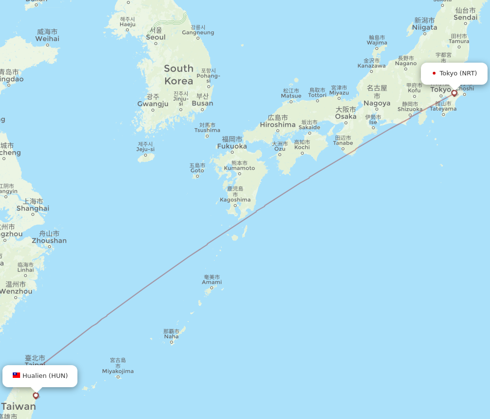 NRT to HUN flights and routes map
