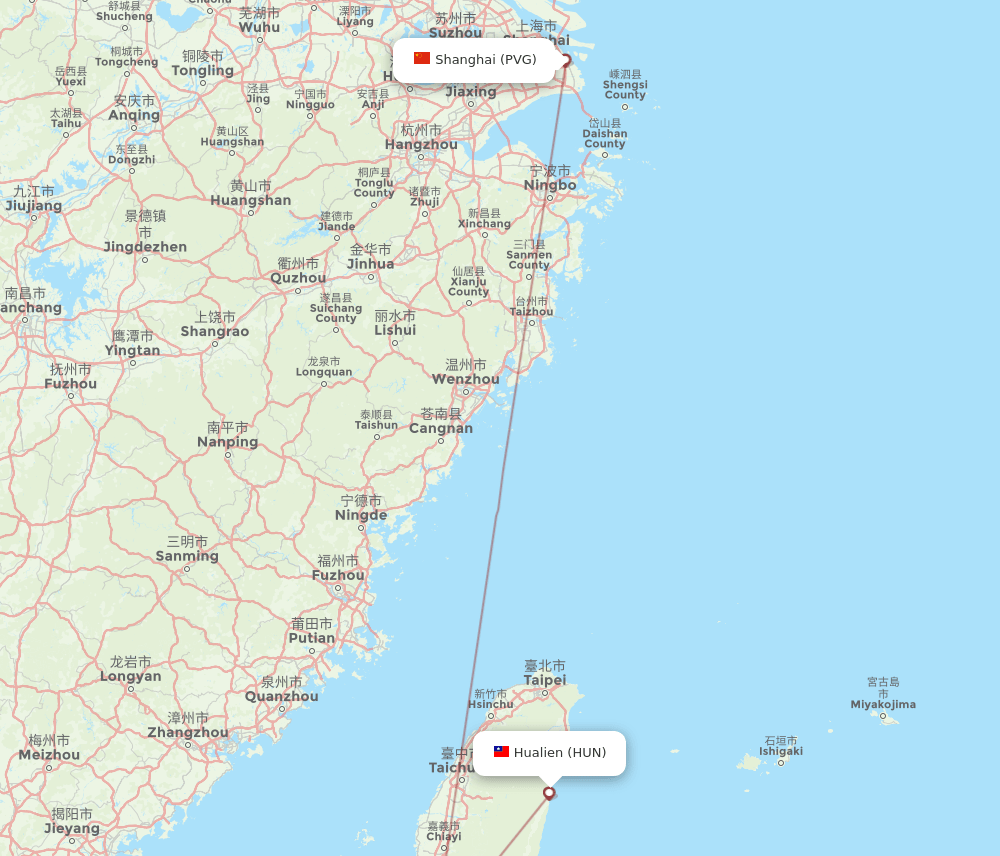HUN to PVG flights and routes map