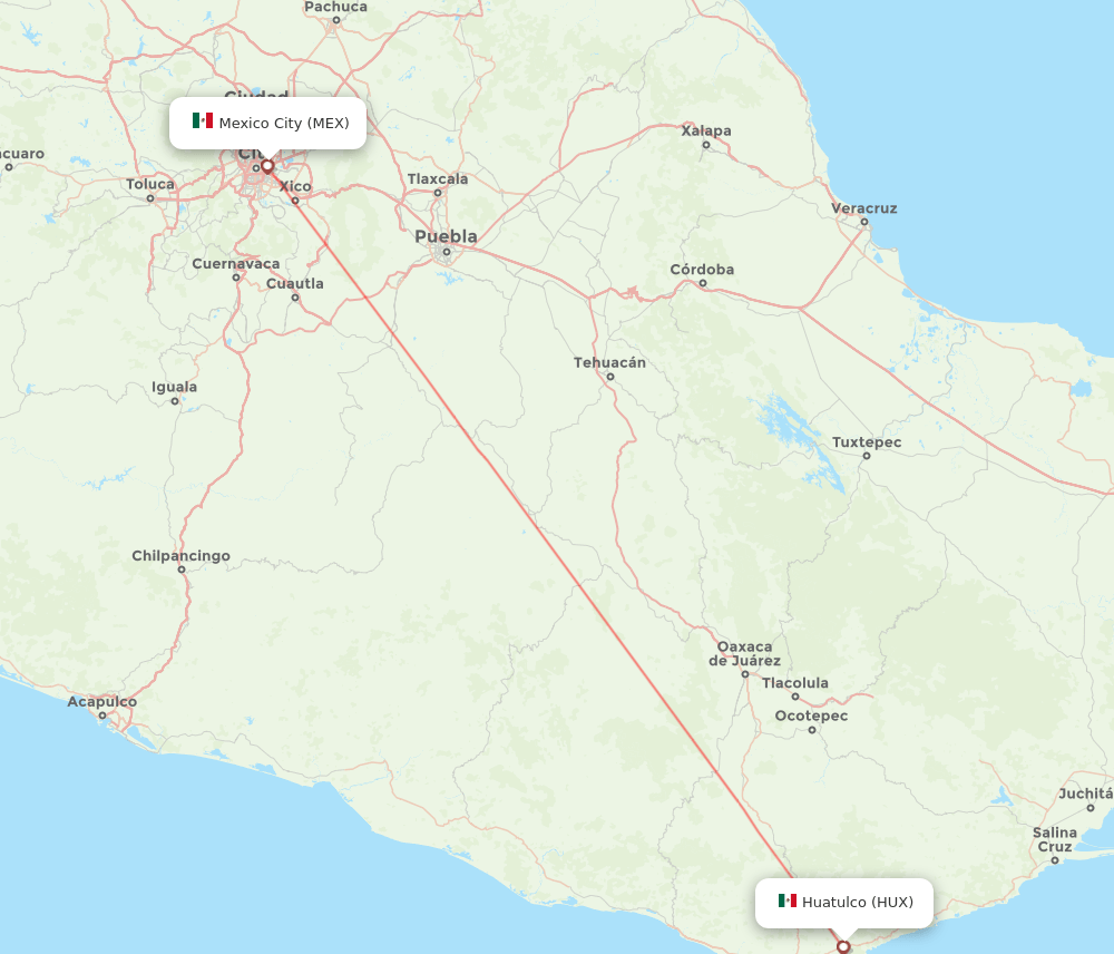 Huatulco - Mexico City route map and flight paths