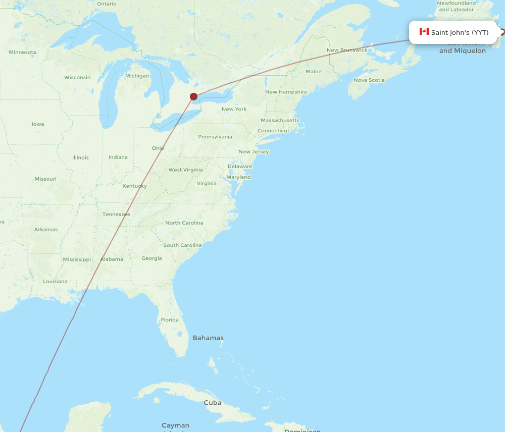 St. John's - Huatulco route map and flight paths
