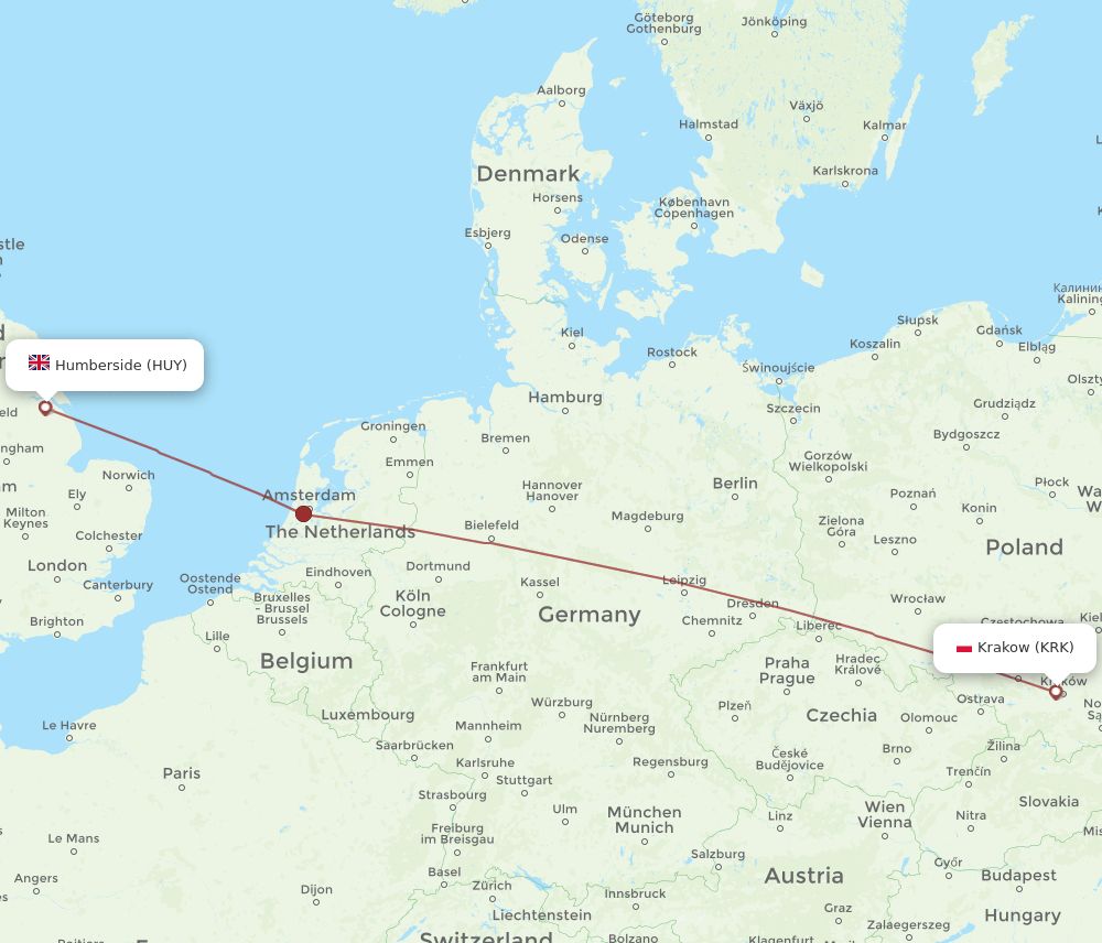 HUY-KRK flight routes