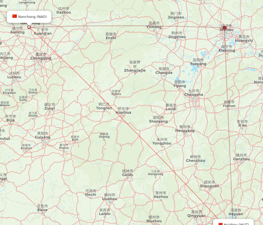 Huizhou - Nanchong route map and flight paths