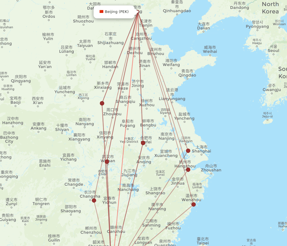 HUZ to PEK flights and routes map