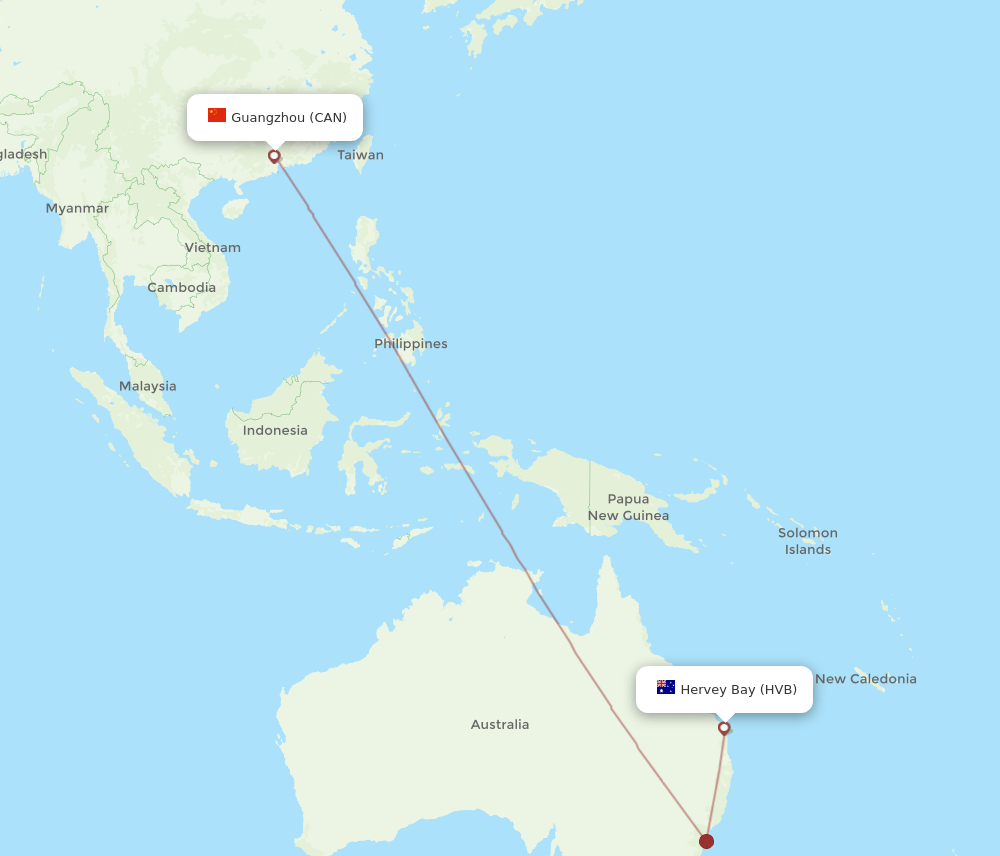 Guangzhou - Hervey Bay route map and flight paths