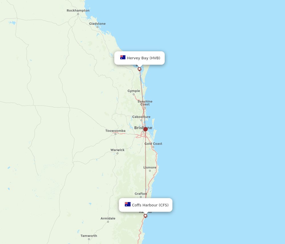 Hervey Bay - Coffs Harbour route map and flight paths