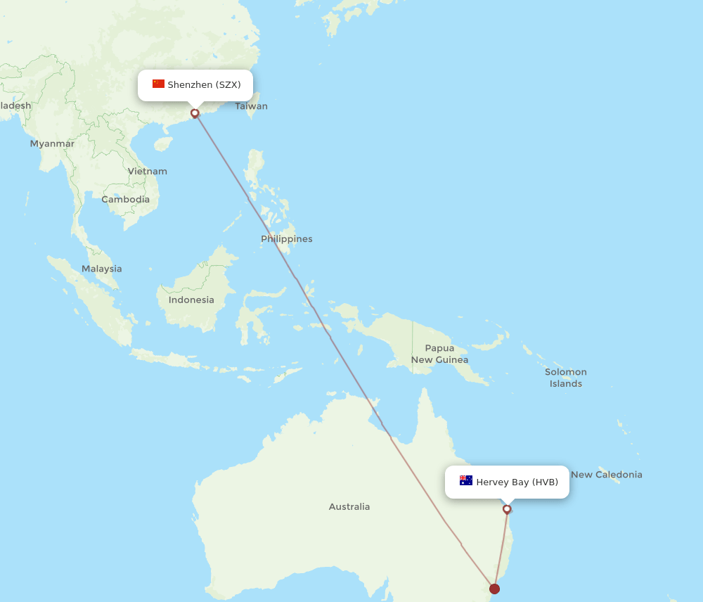Shenzhen - Hervey Bay route map and flight paths