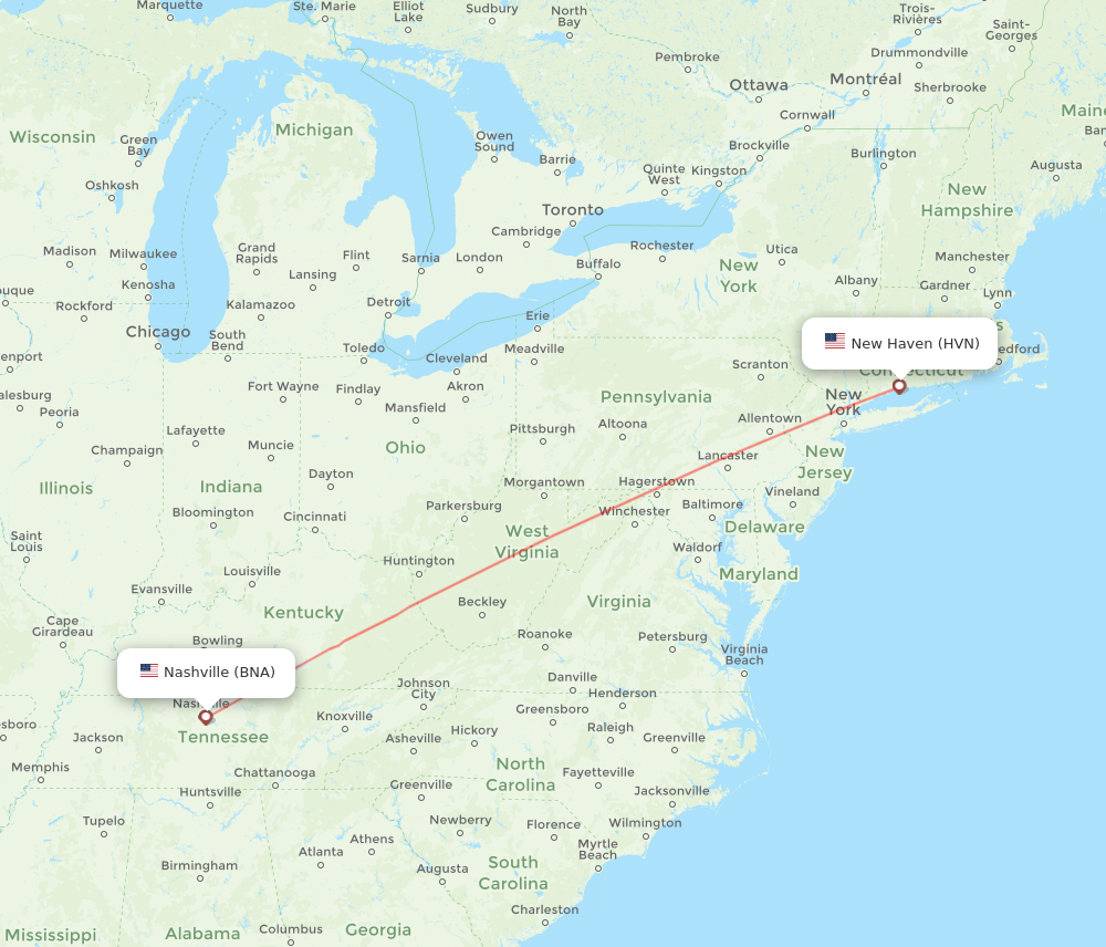 HVN to BNA flights and routes map