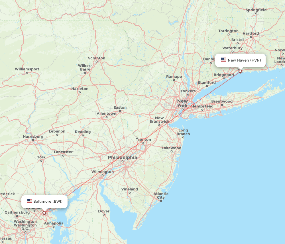 New Haven - Baltimore route map and flight paths