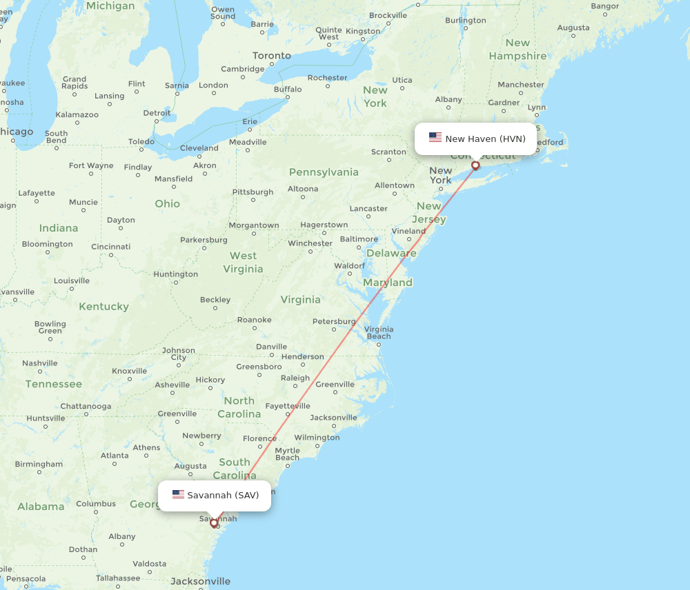New Haven - Savannah route map and flight paths