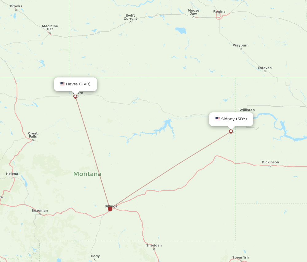 HVR to SDY flights and routes map