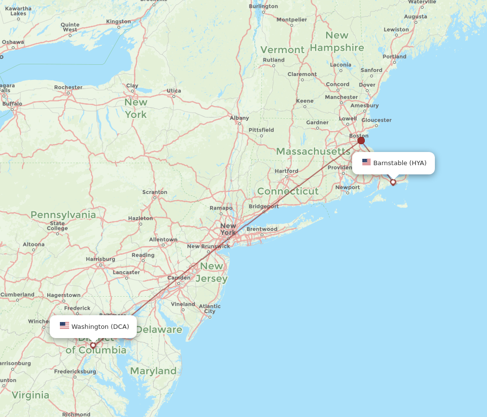 HYA to DCA flights and routes map