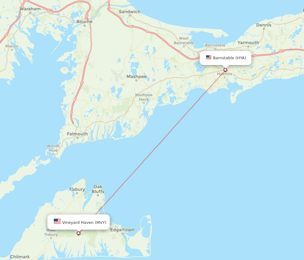 Hyannis - Martha's Vineyard route map and flight paths
