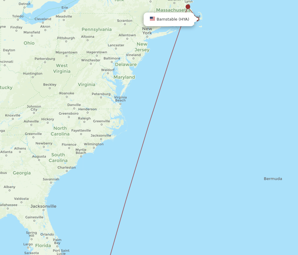 HYA to NAS flights and routes map
