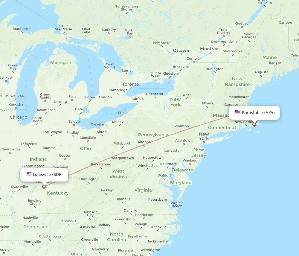 Louisville - Hyannis route map and flight paths
