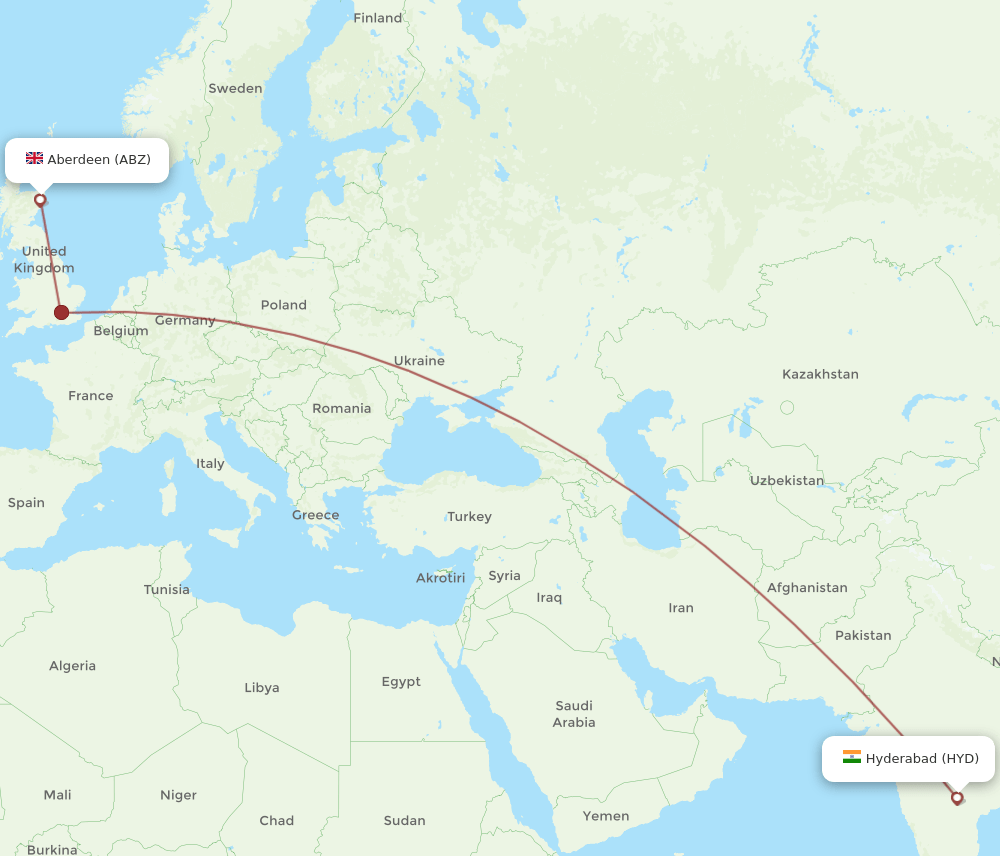 Hyderabad - Aberdeen route map and flight paths