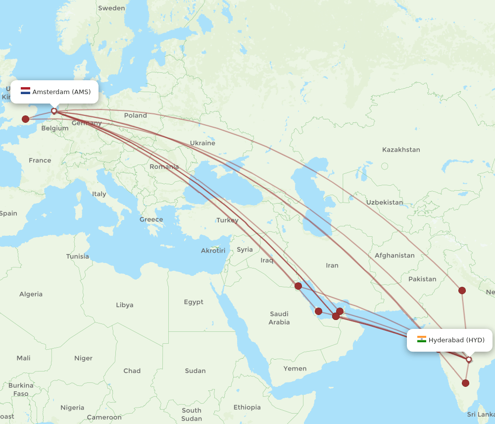HYD-AMS flight routes