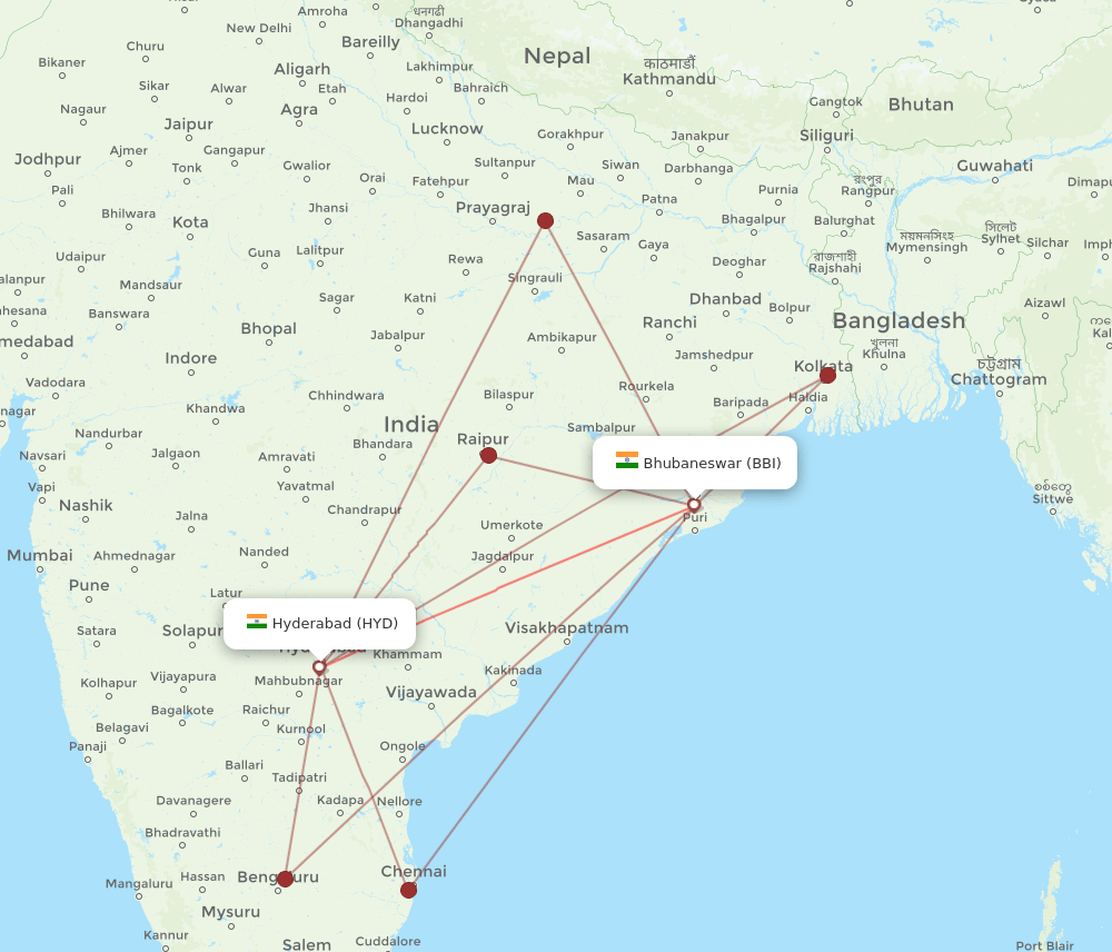 HYD to BBI flights and routes map