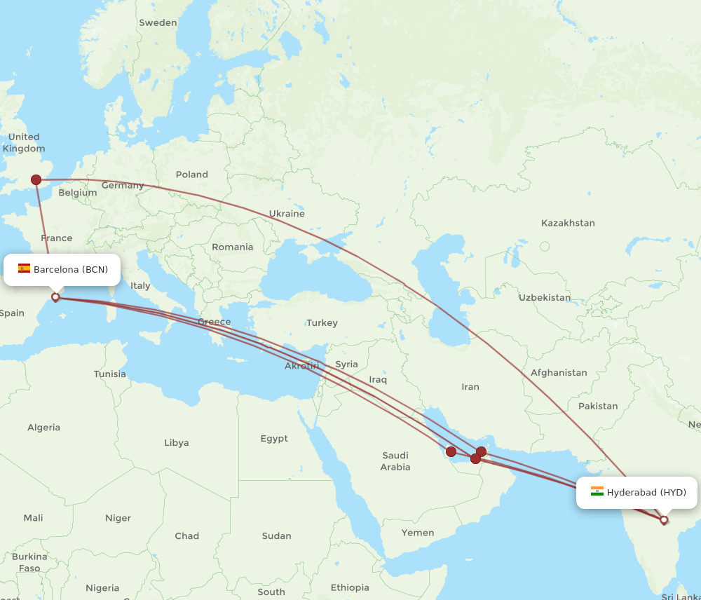 HYD-BCN flight routes
